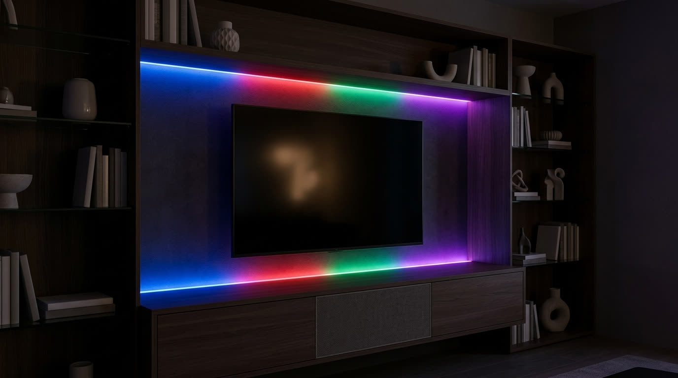Телевизор и медиазона с разноцветной RGB-подсветкой в приглушённой вечерней комнате Телевизор и медиазона с разноцветной RGB-подсветкой в приглушённой вечерней комнате