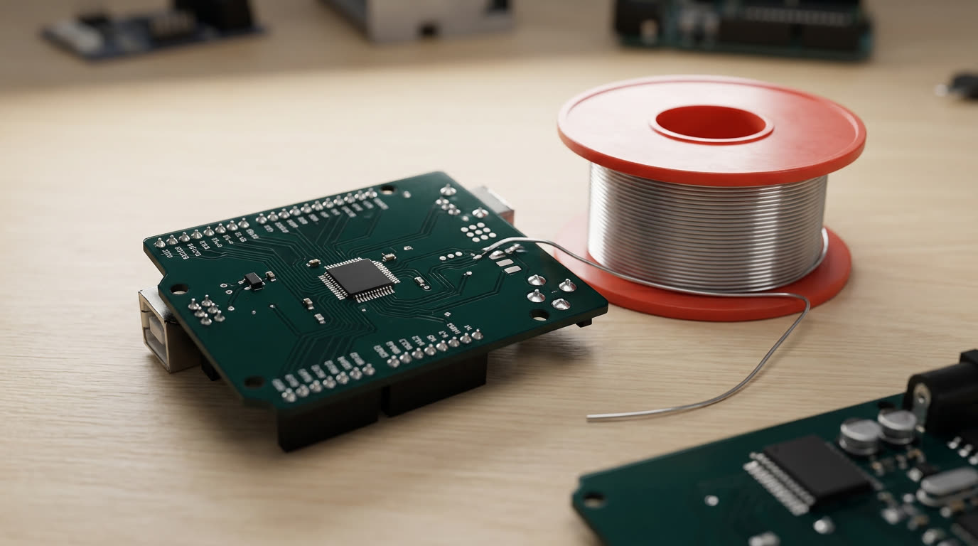 крупный план платы Arduino с аккуратно пропаянными контактами, рядом катушка тонкого припоя крупный план платы Arduino с аккуратно пропаянными контактами, рядом катушка тонкого припоя