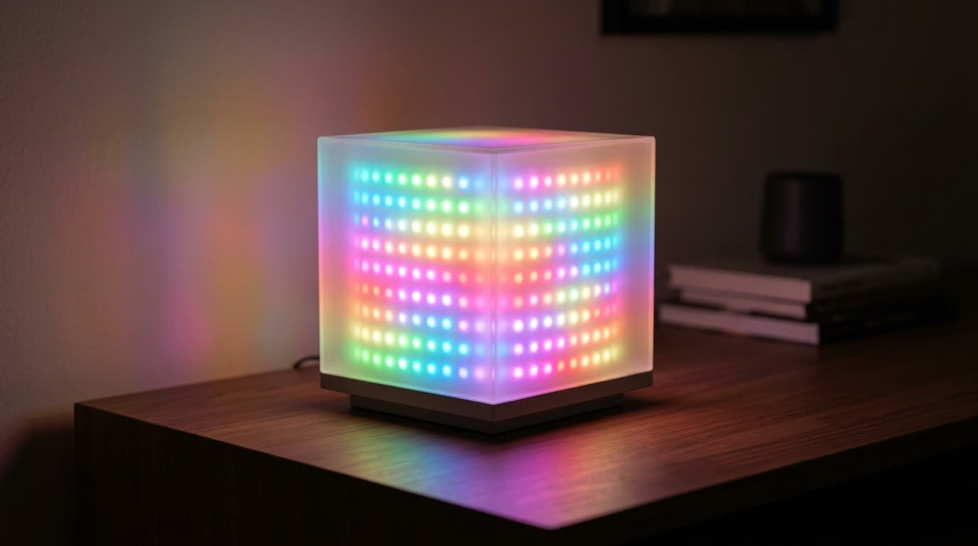 Лампа GyverLamp с адресной лентой светится радужными переливами на столе Лампа GyverLamp с адресной лентой светится радужными переливами на столе