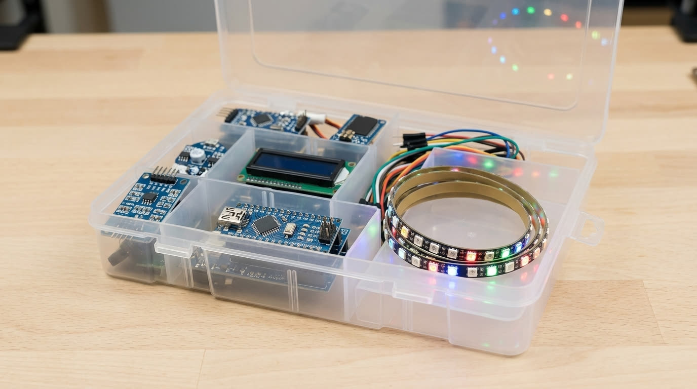 Открытый кейс с платой Arduino Nano, модулями и адресным кольцом светодиодов Открытый кейс с платой Arduino Nano, модулями и адресным кольцом светодиодов