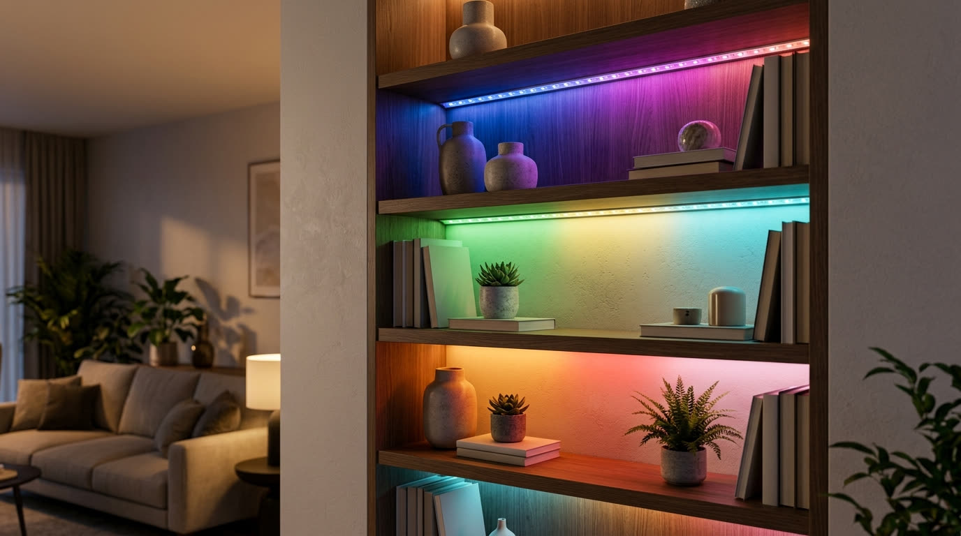 адресная RGB лента с бегущим цветным узором подсвечивает нишу с полками в интерьере квартиры вечером